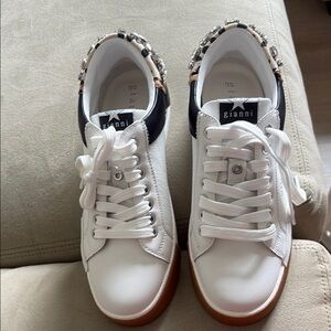Ganni White and Black Sneakers with Patterned Trim